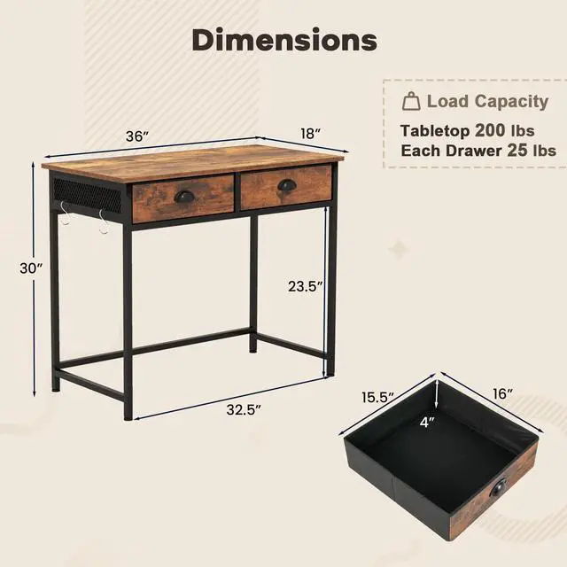 Alt view image 5 of 7 - SlickBlue Space Saving Home Office Desk with 2 Fabric Drawers and 4 Hanging Hooks