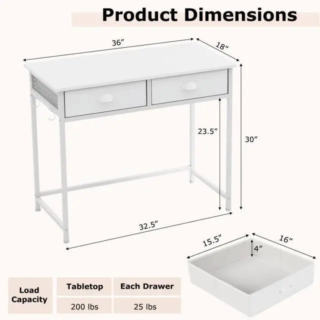 Alt view image 4 of 7 - SlickBlue Space Saving Home Office Desk with 2 Fabric Drawers and 4 Hanging Hooks