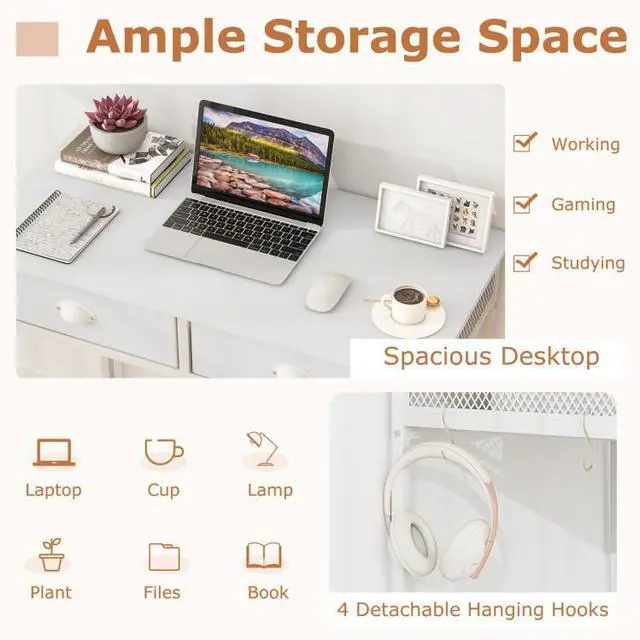 Alt view image 5 of 7 - SlickBlue Space Saving Home Office Desk with 2 Fabric Drawers and 4 Hanging Hooks