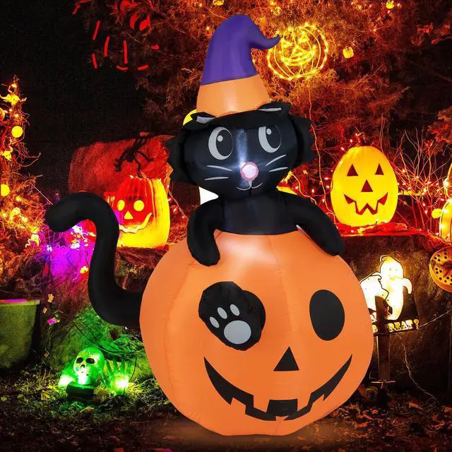 Alt view image 3 of 7 - SlickBlue  Inflatable Halloween Pumpkin with Witch's Black Cat