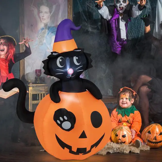 Alt view image 6 of 7 - SlickBlue  Inflatable Halloween Pumpkin with Witch's Black Cat