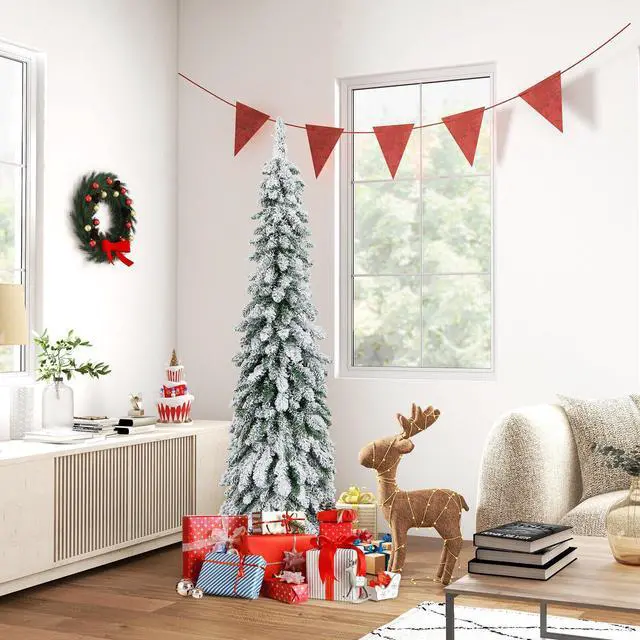 Alt view image 2 of 7 - SlickBlue Pre-Lit Artificial Christmas Tree Snow-Flocked Slim Pencil Xmas Decor