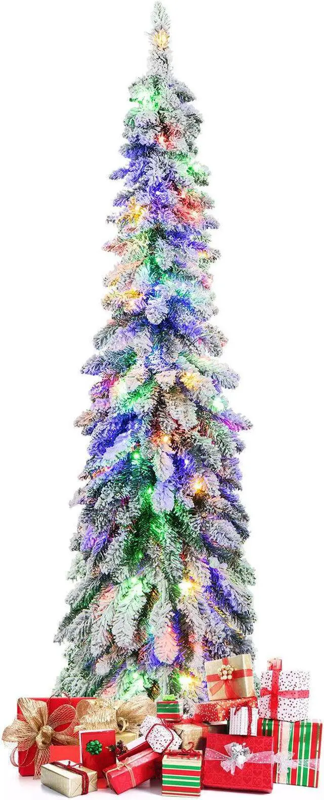 Alt view image 4 of 7 - SlickBlue Pre-Lit Artificial Christmas Tree Snow-Flocked Slim Pencil Xmas Decor