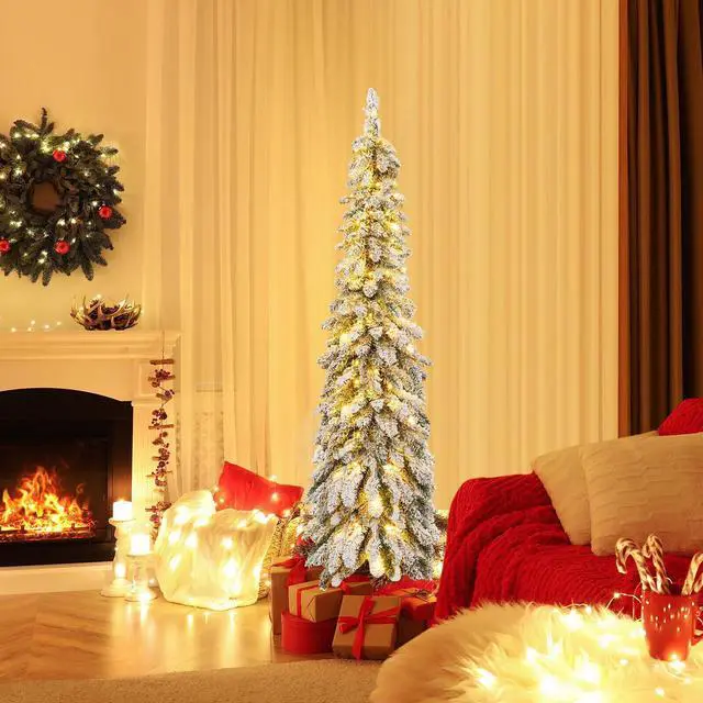 Alt view image 3 of 7 - SlickBlue Pre-Lit Artificial Christmas Tree Snow-Flocked Slim Pencil Xmas Decor