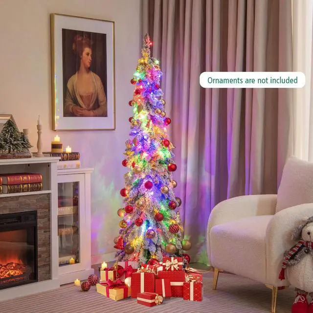 Alt view image 6 of 7 - SlickBlue Pre-Lit Artificial Christmas Tree Snow-Flocked Slim Pencil Xmas Decor