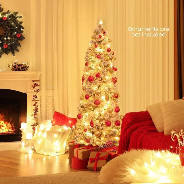 Alt view image 6 of 7 - SlickBlue Pre-Lit Slim Flocked Christmas Tree with 258 Branch Tips and 100 Lights