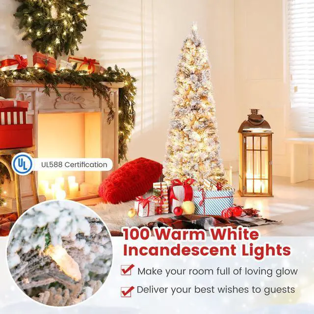 Alt view image 7 of 7 - SlickBlue Pre-Lit Slim Flocked Christmas Tree with 258 Branch Tips and 100 Lights