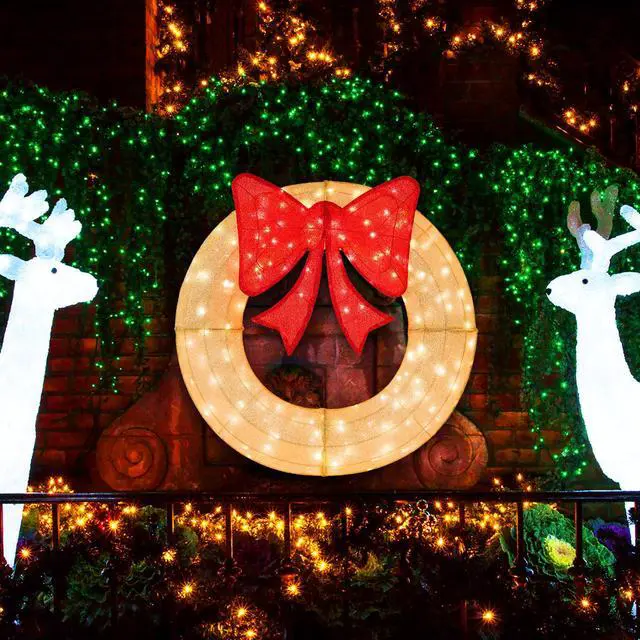 Alt view image 3 of 7 - SlickBlue Pre-Lit Lighted Christmas Mesh Wreath with Large Bow and 200 LED Bulbs