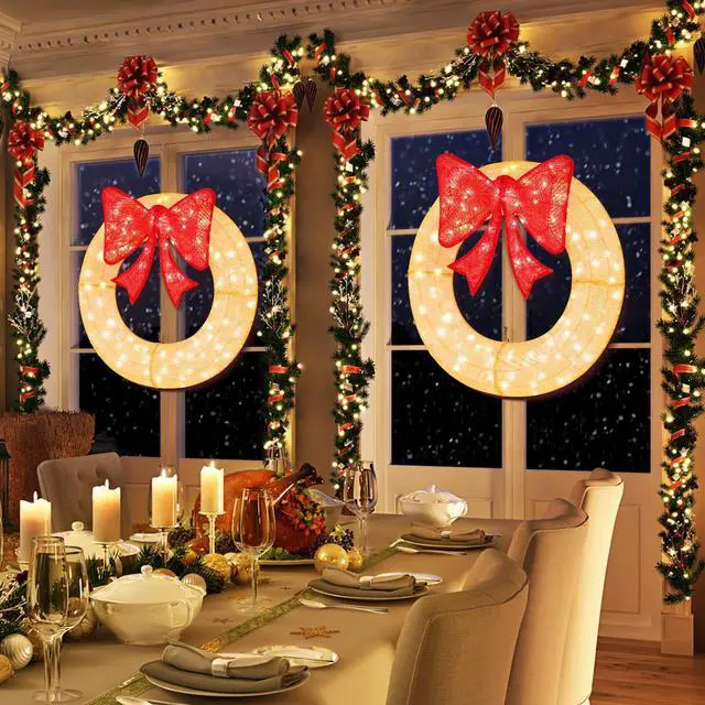 Alt view image 6 of 7 - SlickBlue Pre-Lit Lighted Christmas Mesh Wreath with Large Bow and 200 LED Bulbs