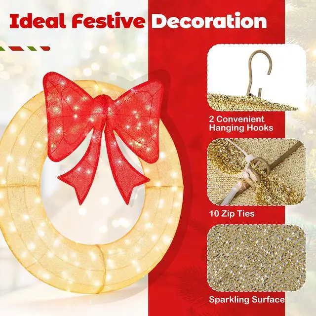 Alt view image 7 of 7 - SlickBlue Pre-Lit Lighted Christmas Mesh Wreath with Large Bow and 200 LED Bulbs