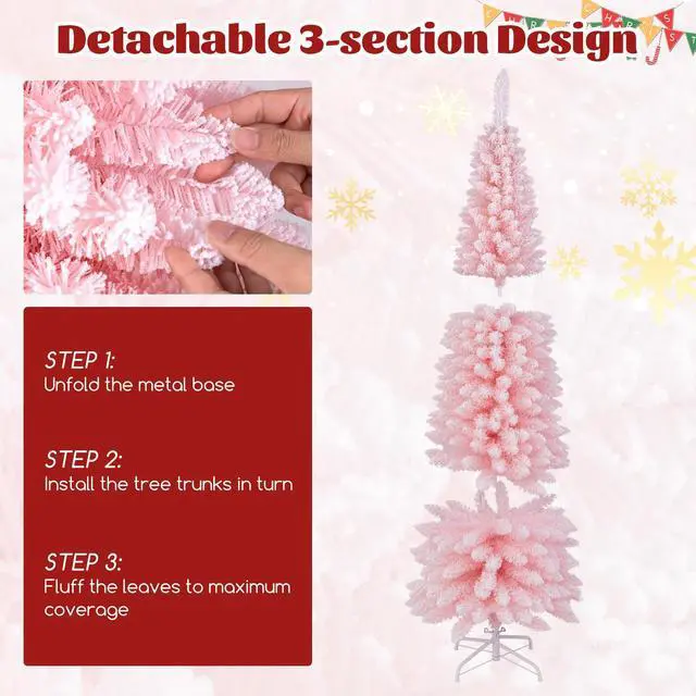 Alt view image 7 of 7 - SlickBlue Snow Flocked 7 FT Artificial Pink Xmas Tree with 635 Branch Tips