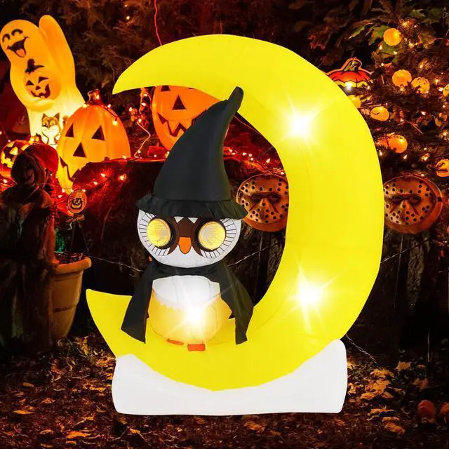 Alt view image 3 of 7 - SlickBlue Inflatable Owl on Moon LED Lighted Halloween Decoration with Large Moon and Wizard Owl