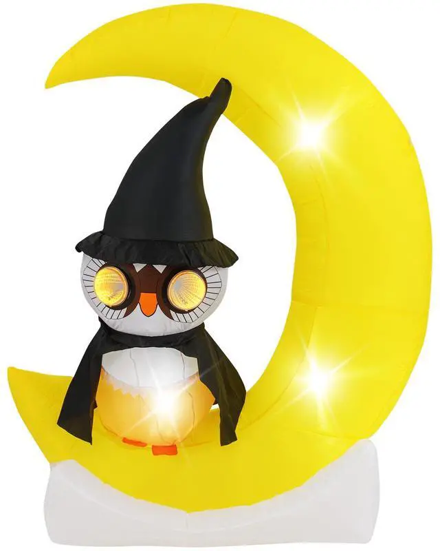 Alt view image 4 of 7 - SlickBlue Inflatable Owl on Moon LED Lighted Halloween Decoration with Large Moon and Wizard Owl