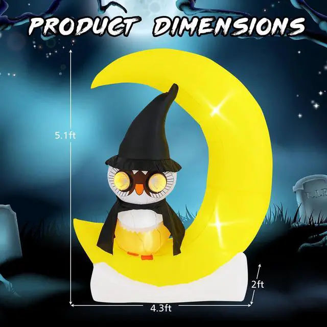 Alt view image 5 of 7 - SlickBlue Inflatable Owl on Moon LED Lighted Halloween Decoration with Large Moon and Wizard Owl