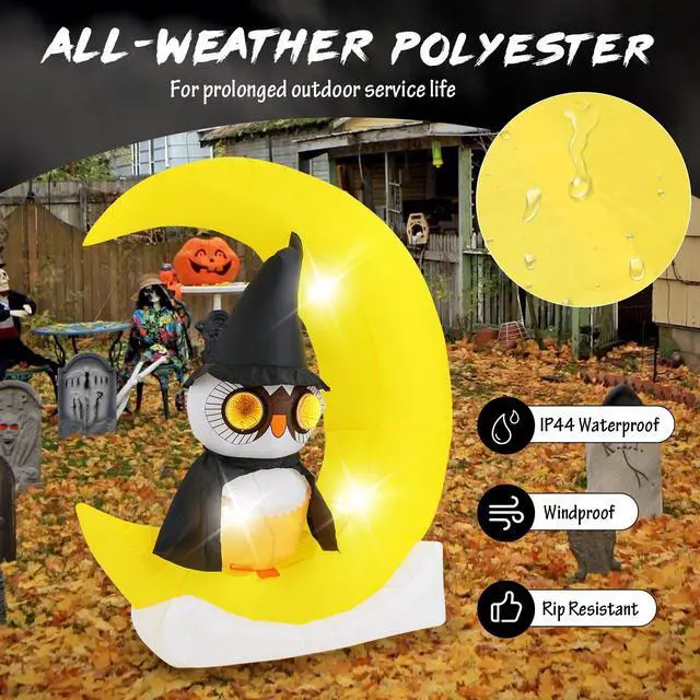 Alt view image 7 of 7 - SlickBlue Inflatable Owl on Moon LED Lighted Halloween Decoration with Large Moon and Wizard Owl