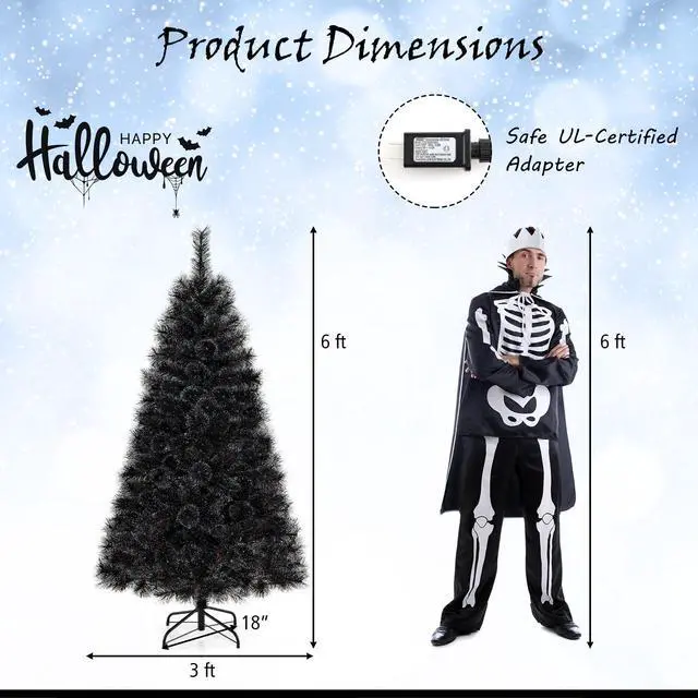 Alt view image 4 of 7 - SlickBlue 6 Feet Black Artificial Halloween Christmas Tree with PVC Branch Tips and 450 Cool White LED Lights-S