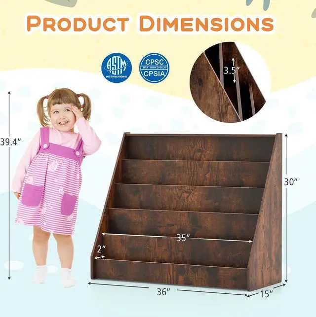 Alt view image 5 of 7 - SlickBlue 5-Tier Kids Bookshelf with Deep Compartments and Stable Baby Book Case