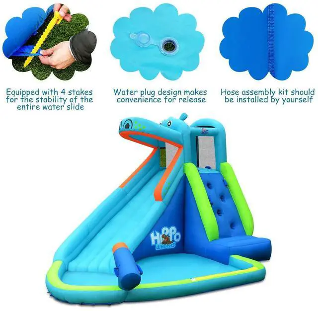 Alt view image 5 of 7 - SlickBlue Hippo Inflatable Water Slide Bounce House with 740W Blower