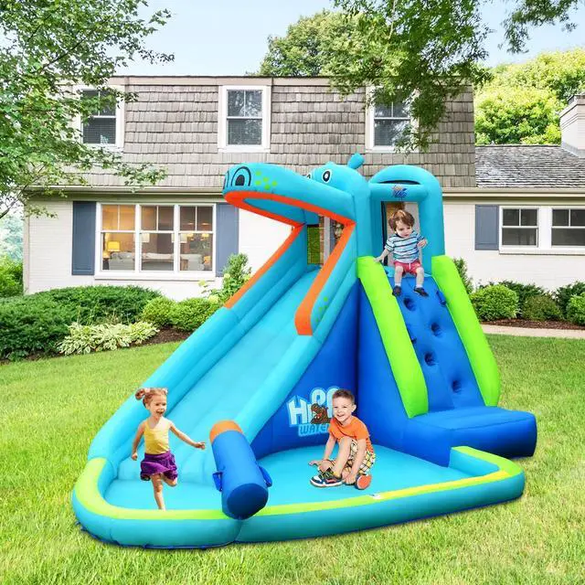Alt view image 6 of 7 - SlickBlue Hippo Inflatable Water Slide Bounce House with 740W Blower