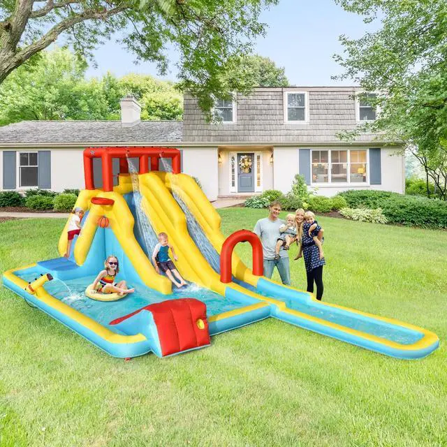 Alt view image 2 of 7 - SlickBlue Inflatable Dual Slide Water Park Climbing Bouncer with 735W Air Blower