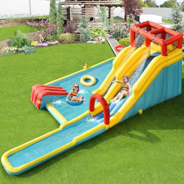 Alt view image 3 of 7 - SlickBlue Inflatable Dual Slide Water Park Climbing Bouncer with 735W Air Blower
