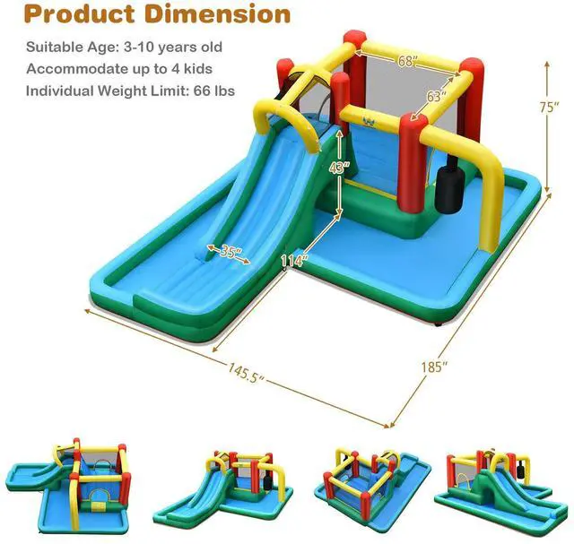 Alt view image 3 of 7 - SlickBlue Inflatable Water Slide Climbing Bounce House with Tunnel and 735W Blower