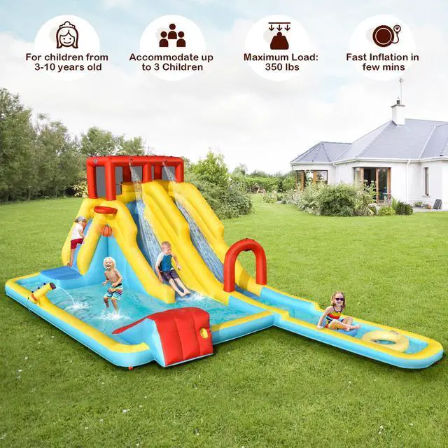 Alt view image 6 of 7 - SlickBlue 7-in-1 Inflatable Dual Slide Water Park Bounce House With 680W Blower