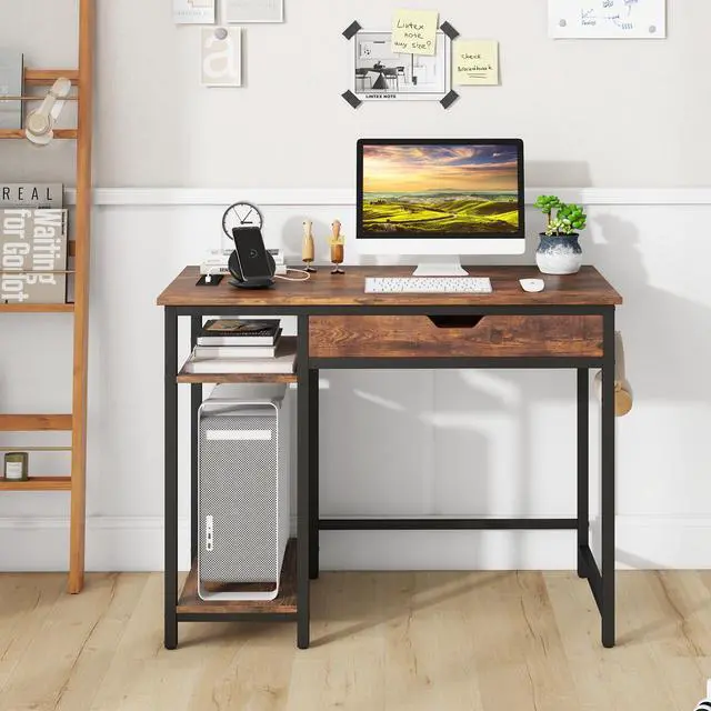Alt view image 3 of 7 - SlickBlue Computer Desk with Charging Station and Drawer & Adjustable Shelf-Rustic Brown
