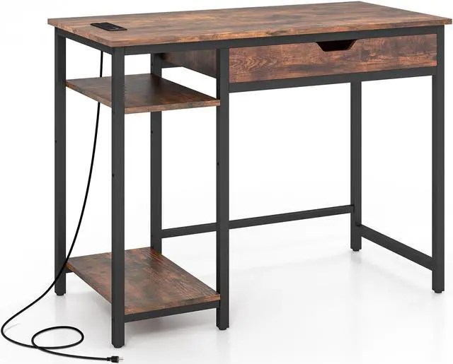Main image of SlickBlue Computer Desk with Charging Station and Drawer & Adjustable Shelf-Rustic Brown