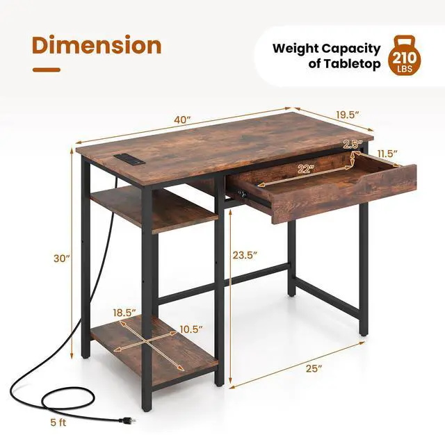 Alt view image 5 of 7 - SlickBlue Computer Desk with Charging Station and Drawer & Adjustable Shelf-Rustic Brown