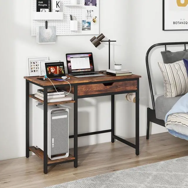 Alt view image 2 of 7 - SlickBlue Computer Desk with Charging Station and Drawer & Adjustable Shelf-Rustic Brown