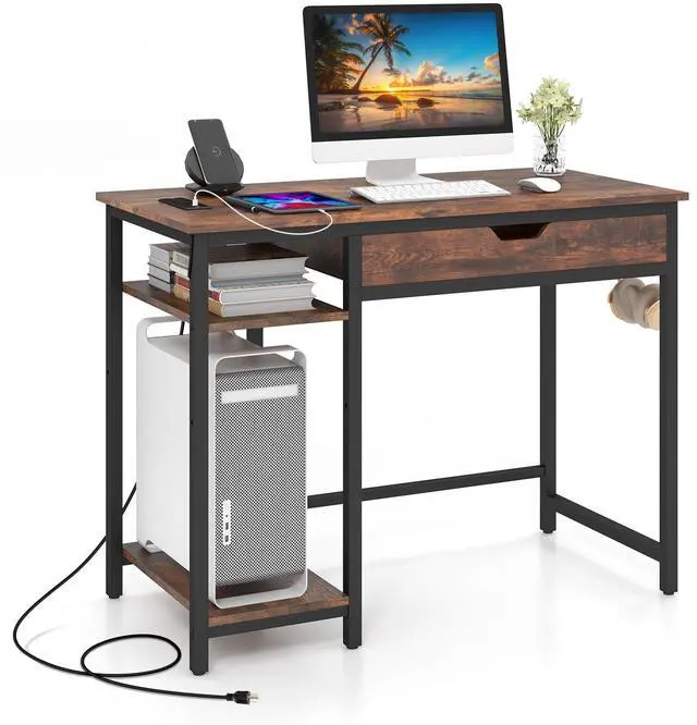 Alt view image 4 of 7 - SlickBlue Computer Desk with Charging Station and Drawer & Adjustable Shelf-Rustic Brown