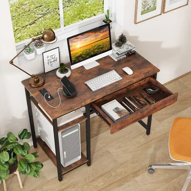 Alt view image 6 of 7 - SlickBlue Computer Desk with Charging Station and Drawer & Adjustable Shelf-Rustic Brown