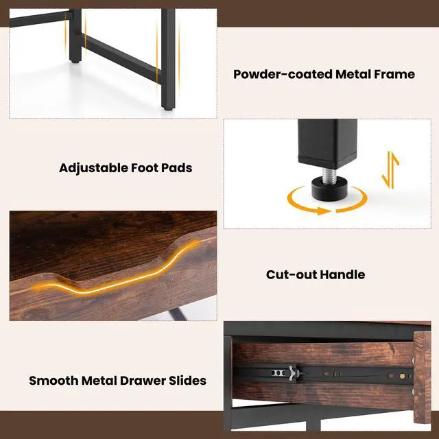 Alt view image 7 of 7 - SlickBlue Computer Desk with Charging Station and Drawer & Adjustable Shelf-Rustic Brown