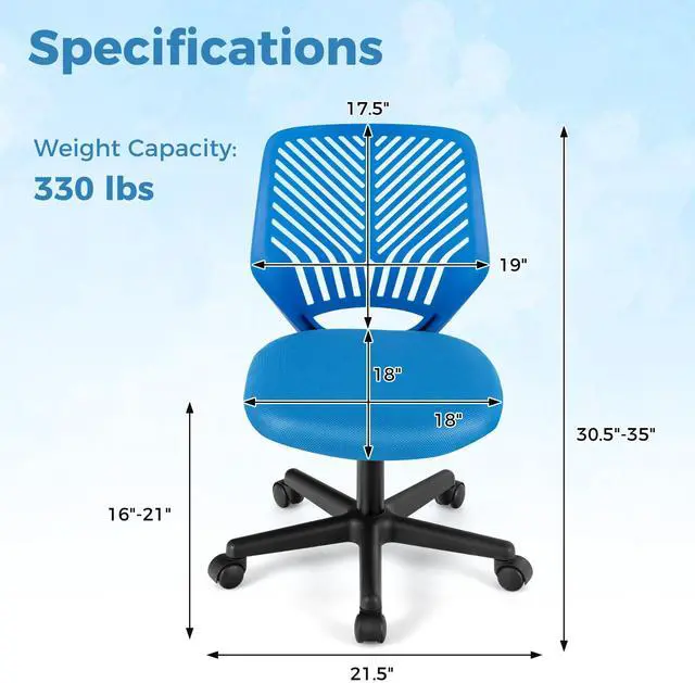 Alt view image 4 of 7 - SlickBlue Height-adjustable Ergonomic Kids Desk Chair with Universal Casters