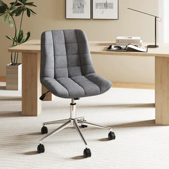 Alt view image 2 of 7 - SlickBlue Armless Office Chair Upholstered Makeup Vanity Chair with Adjustable Height and Wheels-Grey