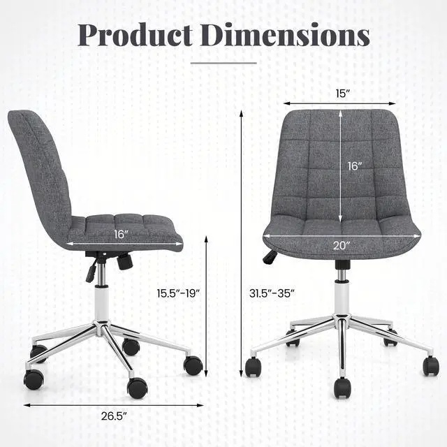 Alt view image 4 of 7 - SlickBlue Armless Office Chair Upholstered Makeup Vanity Chair with Adjustable Height and Wheels-Grey