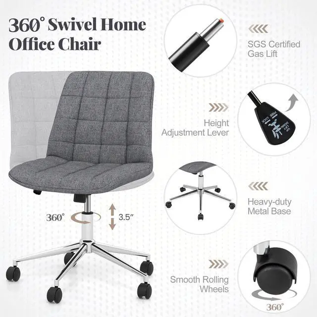 Alt view image 5 of 7 - SlickBlue Armless Office Chair Upholstered Makeup Vanity Chair with Adjustable Height and Wheels-Grey
