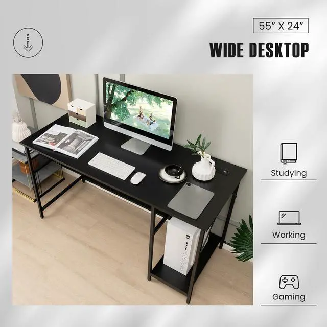 Alt view image 7 of 7 - SlickBlue 55 Inch Computer Desk with 4 Power Outlets and CPU Stand-Black