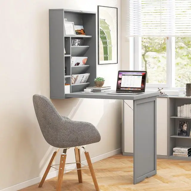 Alt view image 2 of 7 - SlickBlue Wall-Mounted Fold-Out Convertible Floating Desk Space Saver-Gray