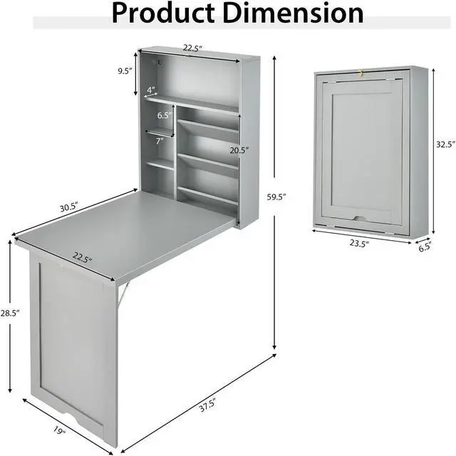 Alt view image 5 of 7 - SlickBlue Wall-Mounted Fold-Out Convertible Floating Desk Space Saver-Gray