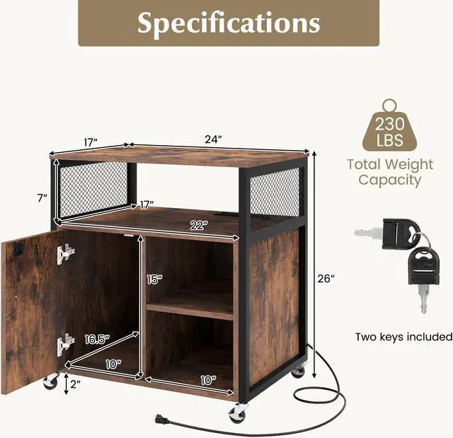 Alt view image 5 of 7 - SlickBlue File Cabinet on Wheels with Charging Station and Cable Management Hole-Brown