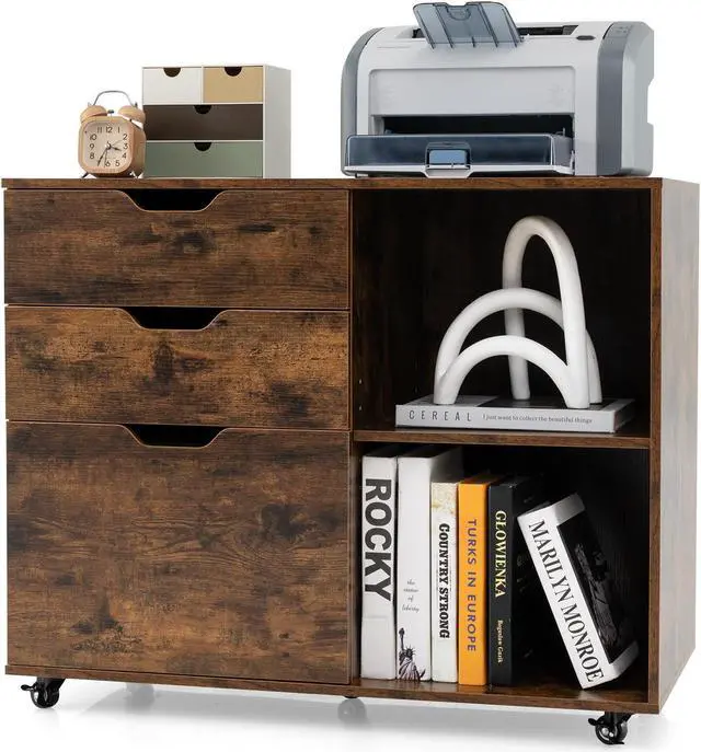 Alt view image 4 of 7 - SlickBlue 3-Drawer File Cabinet with Adjustable Shelf and Wheels for Letter-Rustic Brown