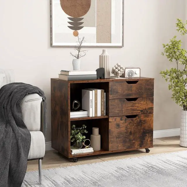 Alt view image 2 of 7 - SlickBlue 3-Drawer File Cabinet with Adjustable Shelf and Wheels for Letter-Rustic Brown