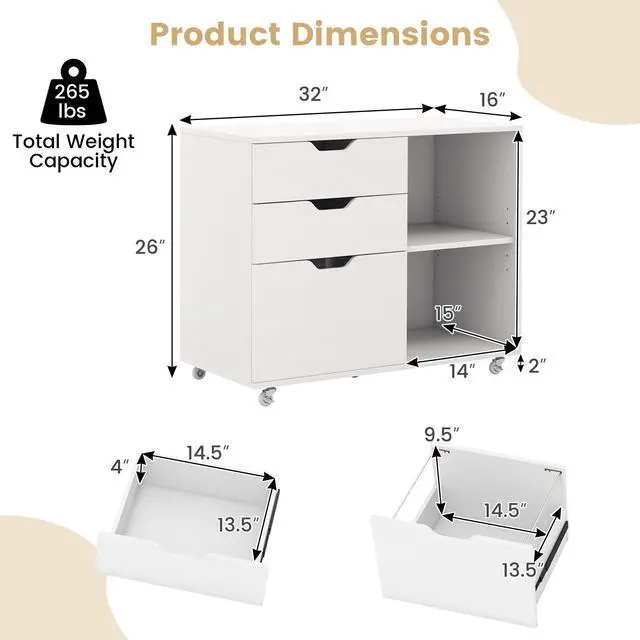 Alt view image 5 of 7 - SlickBlue 3-Drawer File Cabinet with Adjustable Shelf and Wheels for Letter-White