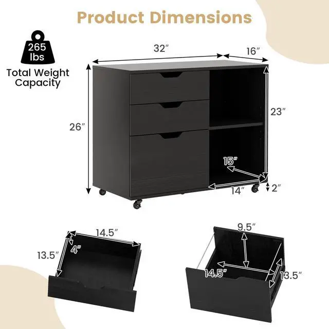 Alt view image 5 of 7 - SlickBlue 3-Drawer File Cabinet with Adjustable Shelf and Wheels for Letter-Black