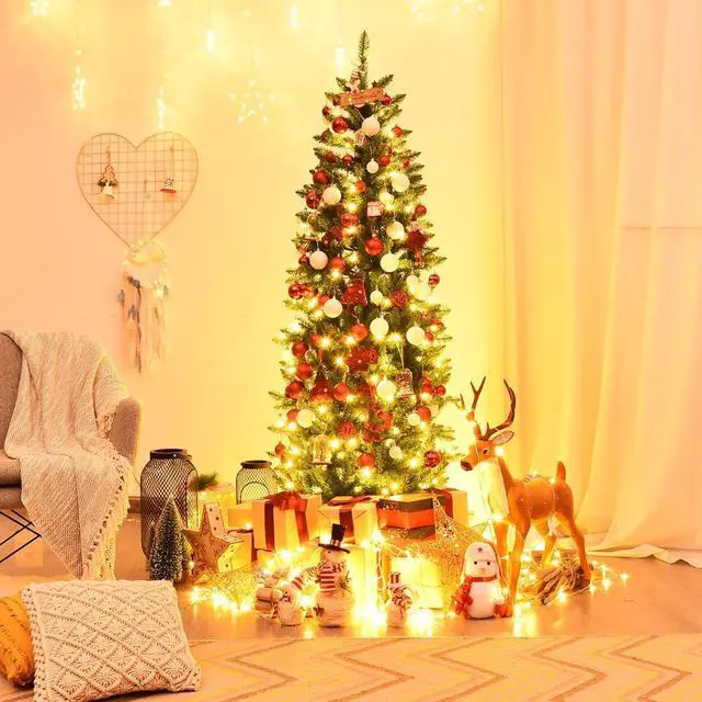 Alt view image 2 of 7 - SlickBlue PVC Hinged Pre-lit Artificial Fir Pencil Christmas Tree with 150 Lights-6 ft