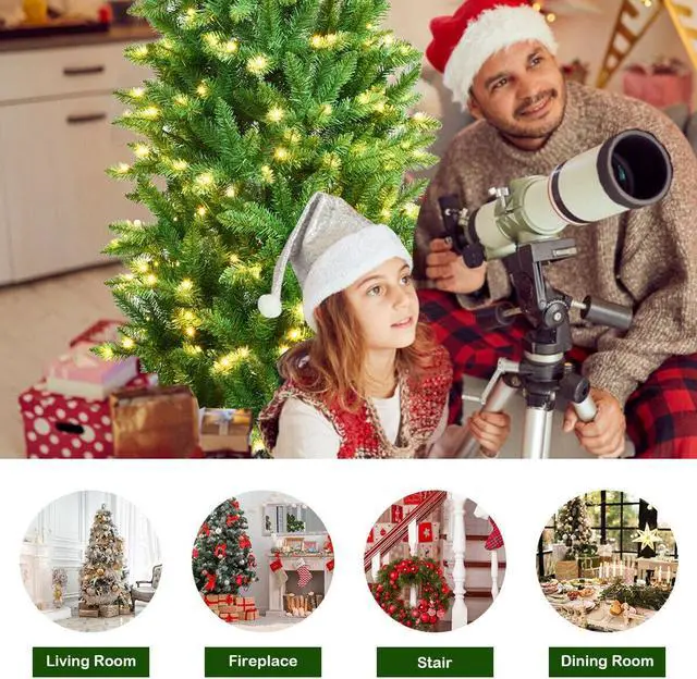 Alt view image 3 of 7 - SlickBlue 7 Feet PVC Hinged Pre-lit Artificial Fir Pencil Christmas Tree with 150 Lights