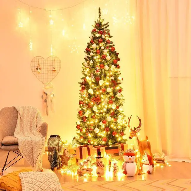 Alt view image 2 of 7 - SlickBlue 7 Feet PVC Hinged Pre-lit Artificial Fir Pencil Christmas Tree with 150 Lights