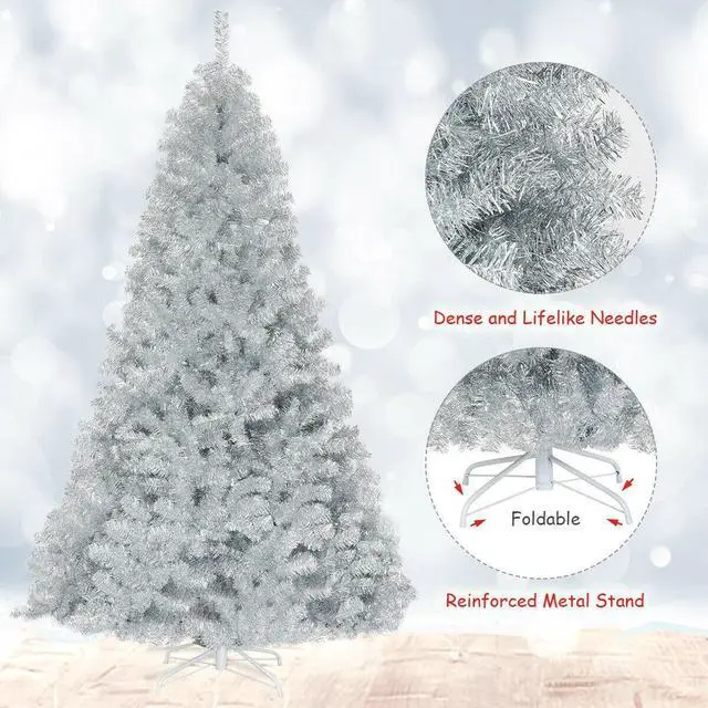 Alt view image 5 of 7 - SlickBlue 7.5 Ft Hinged Unlit Artificial Silver Tinsel Christmas Tree